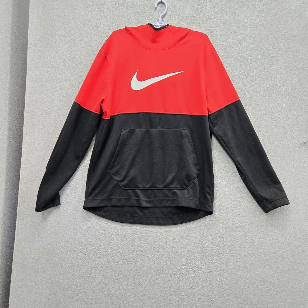 Nike Men Sweatshirt L Red Colorblock Swoosh Logo Dri-Fit Activewear Stretch READ